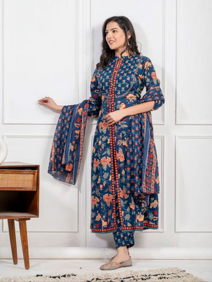 Ethnic Floral Printed Cotton Kurta, Pant, and Dupatta Set