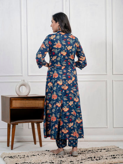 Ethnic Floral Printed Cotton Kurta, Pant, and Dupatta Set