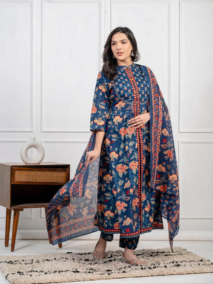Ethnic Floral Printed Cotton Kurta, Pant, and Dupatta Set