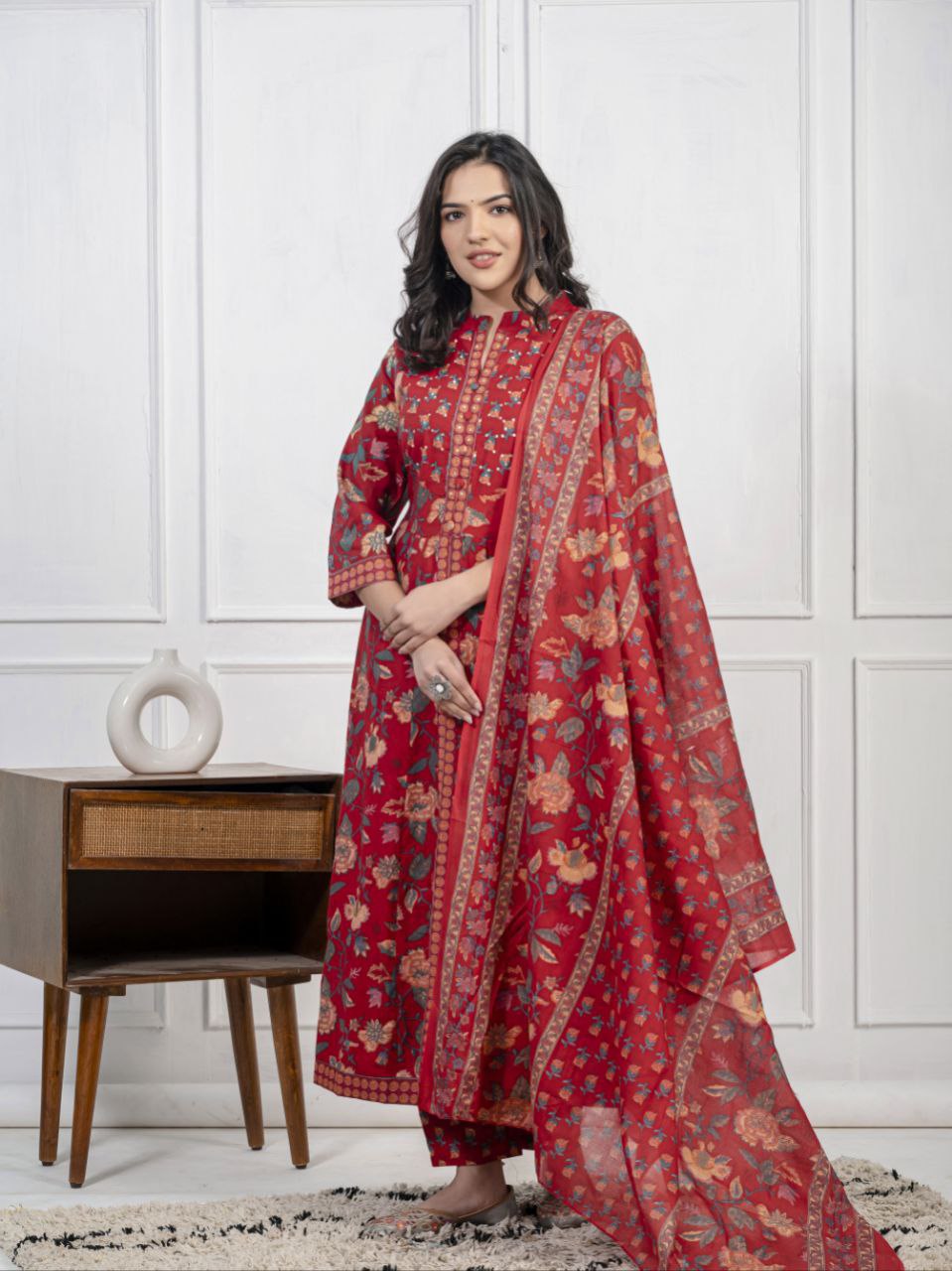 Ethnic Floral Printed Cotton Kurta, Pant, and Dupatta Set