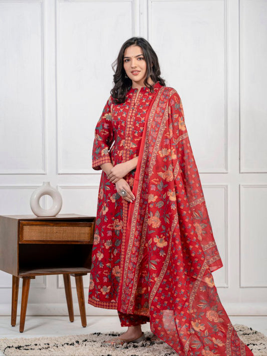 Ethnic Floral Printed Cotton Kurta, Pant, and Dupatta Set