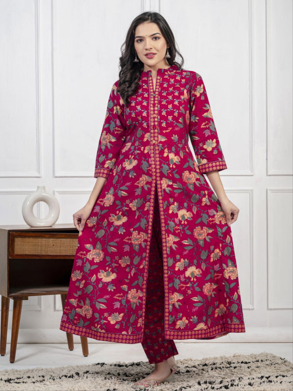 Ethnic Floral Printed Cotton Kurta, Pant, and Dupatta Set