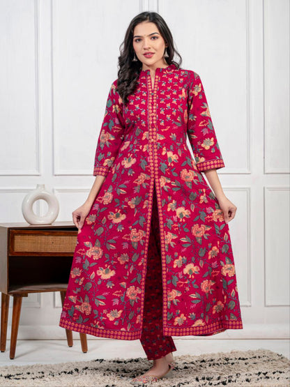 Ethnic Floral Printed Cotton Kurta, Pant, and Dupatta Set