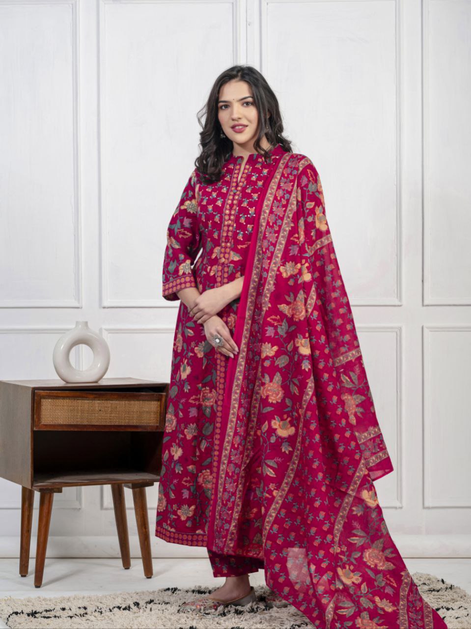 Ethnic Floral Printed Cotton Kurta, Pant, and Dupatta Set