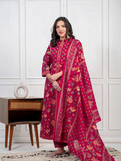Ethnic Floral Printed Cotton Kurta, Pant, and Dupatta Set