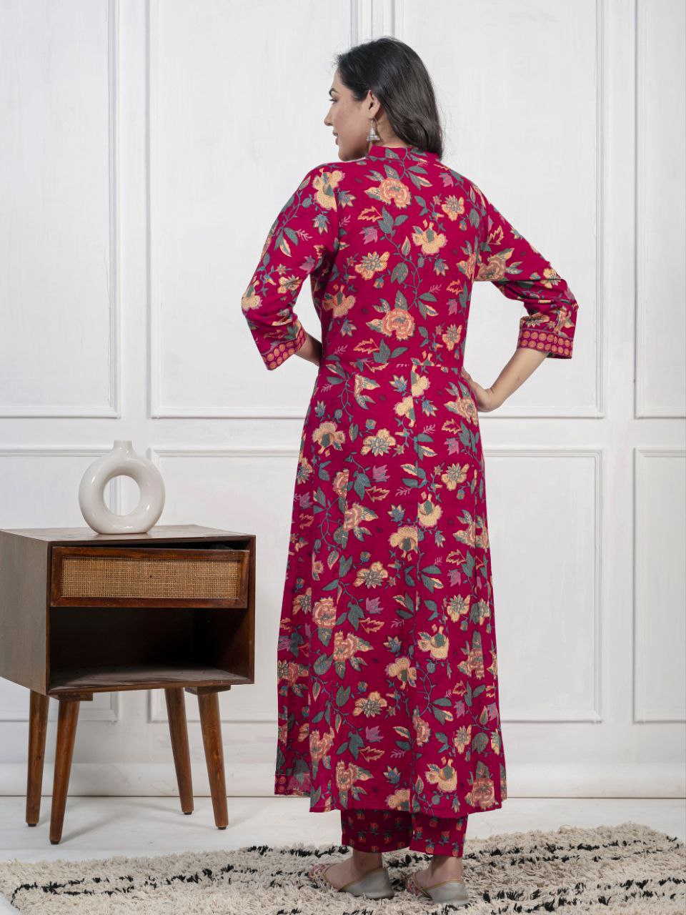Ethnic Floral Printed Cotton Kurta, Pant, and Dupatta Set