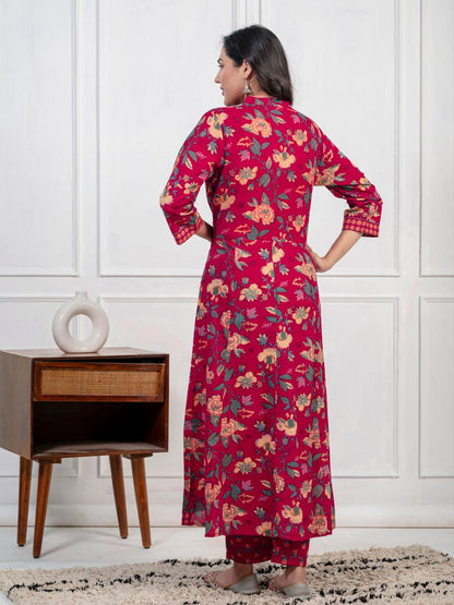 Ethnic Floral Printed Cotton Kurta, Pant, and Dupatta Set