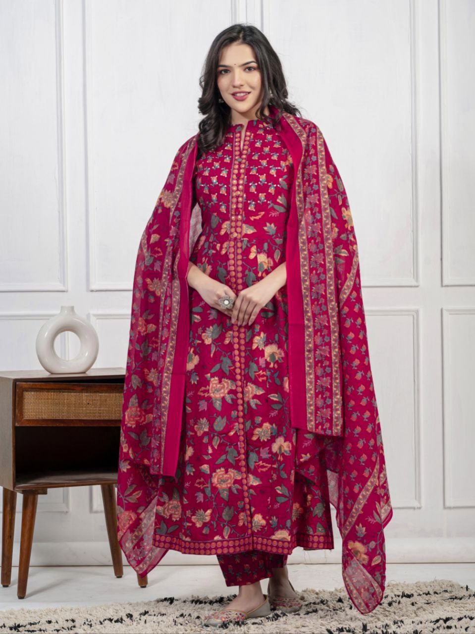 Ethnic Floral Printed Cotton Kurta, Pant, and Dupatta Set