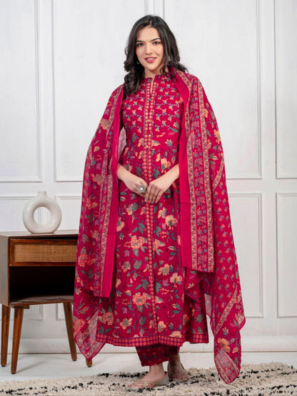 Ethnic Floral Printed Cotton Kurta, Pant, and Dupatta Set