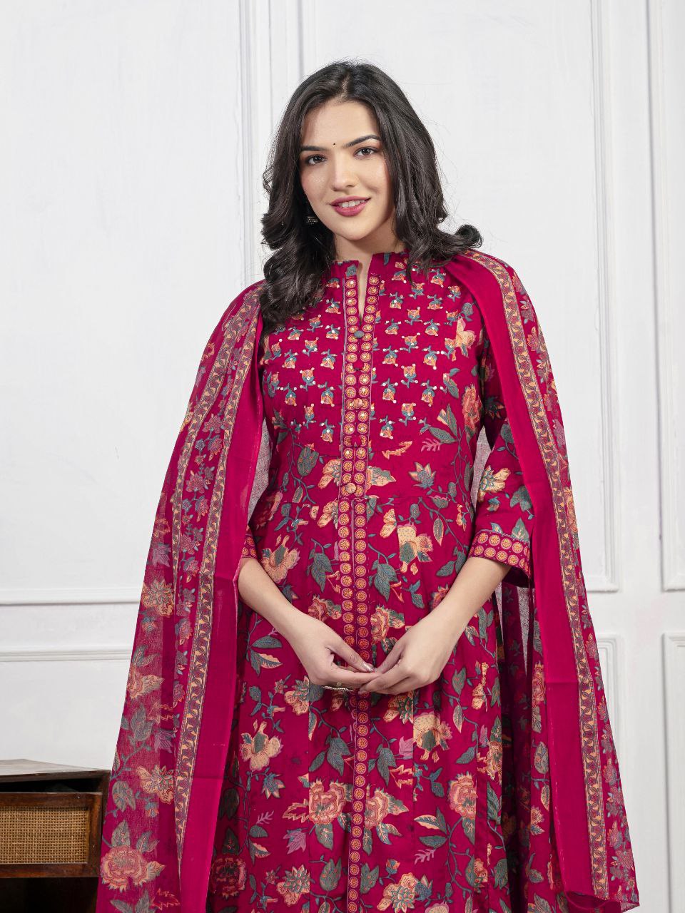 Ethnic Floral Printed Cotton Kurta, Pant, and Dupatta Set