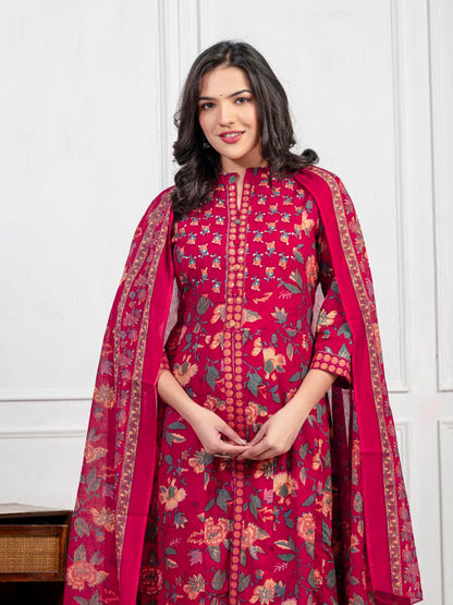 Ethnic Floral Printed Cotton Kurta, Pant, and Dupatta Set