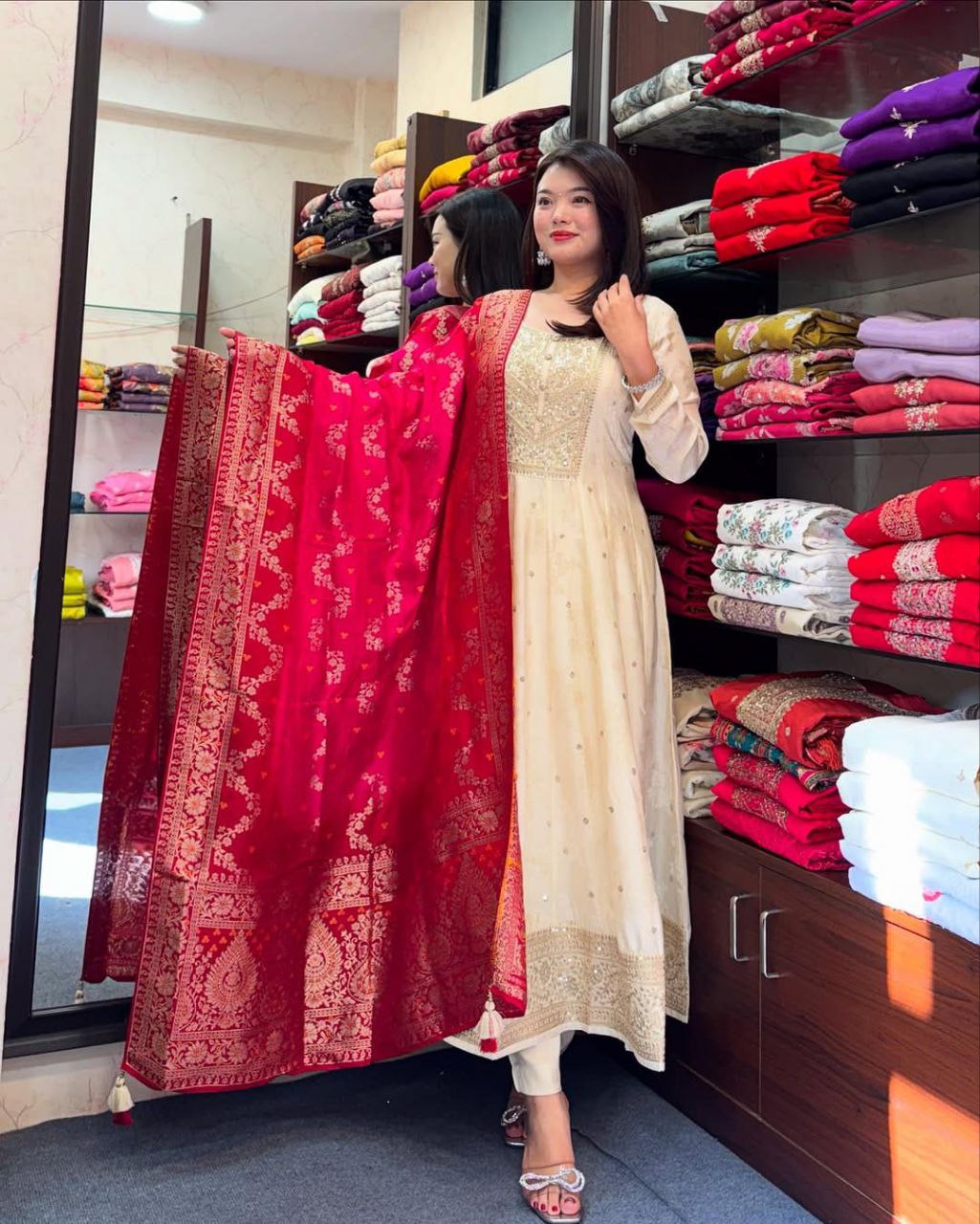 Party Wear Silk Anarkali Dress with Intricate Gold Zari & Mirror Work | Readymade Indian Salwar Kameez