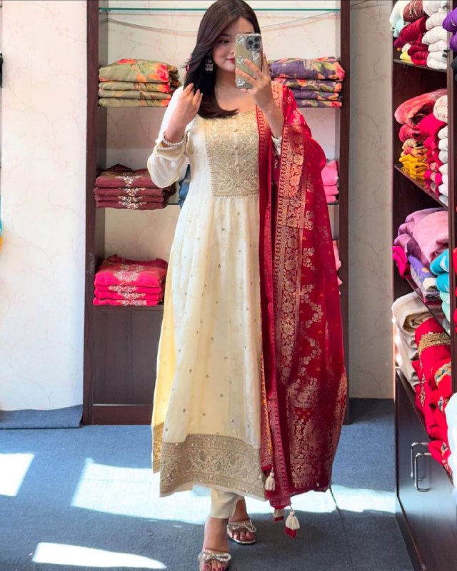 Party Wear Silk Anarkali Dress with Intricate Gold Zari & Mirror Work | Readymade Indian Salwar Kameez