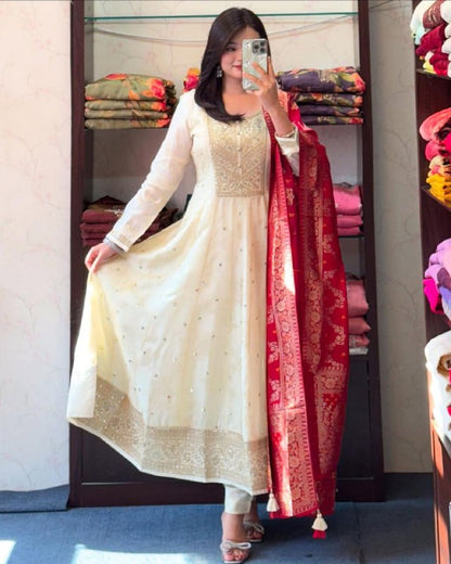 Party Wear Silk Anarkali Dress with Intricate Gold Zari & Mirror Work | Readymade Indian Salwar Kameez