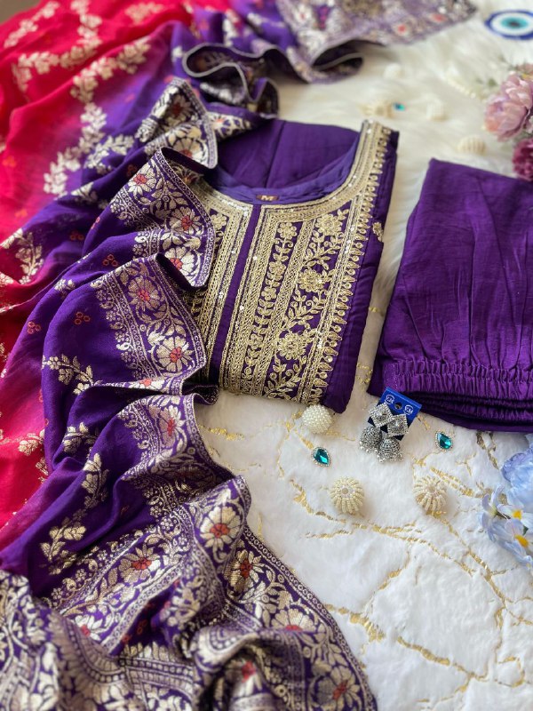 Party Wear Silk Anarkali Dress with Intricate Gold Zari & Mirror Work | Readymade Indian Salwar Kameez