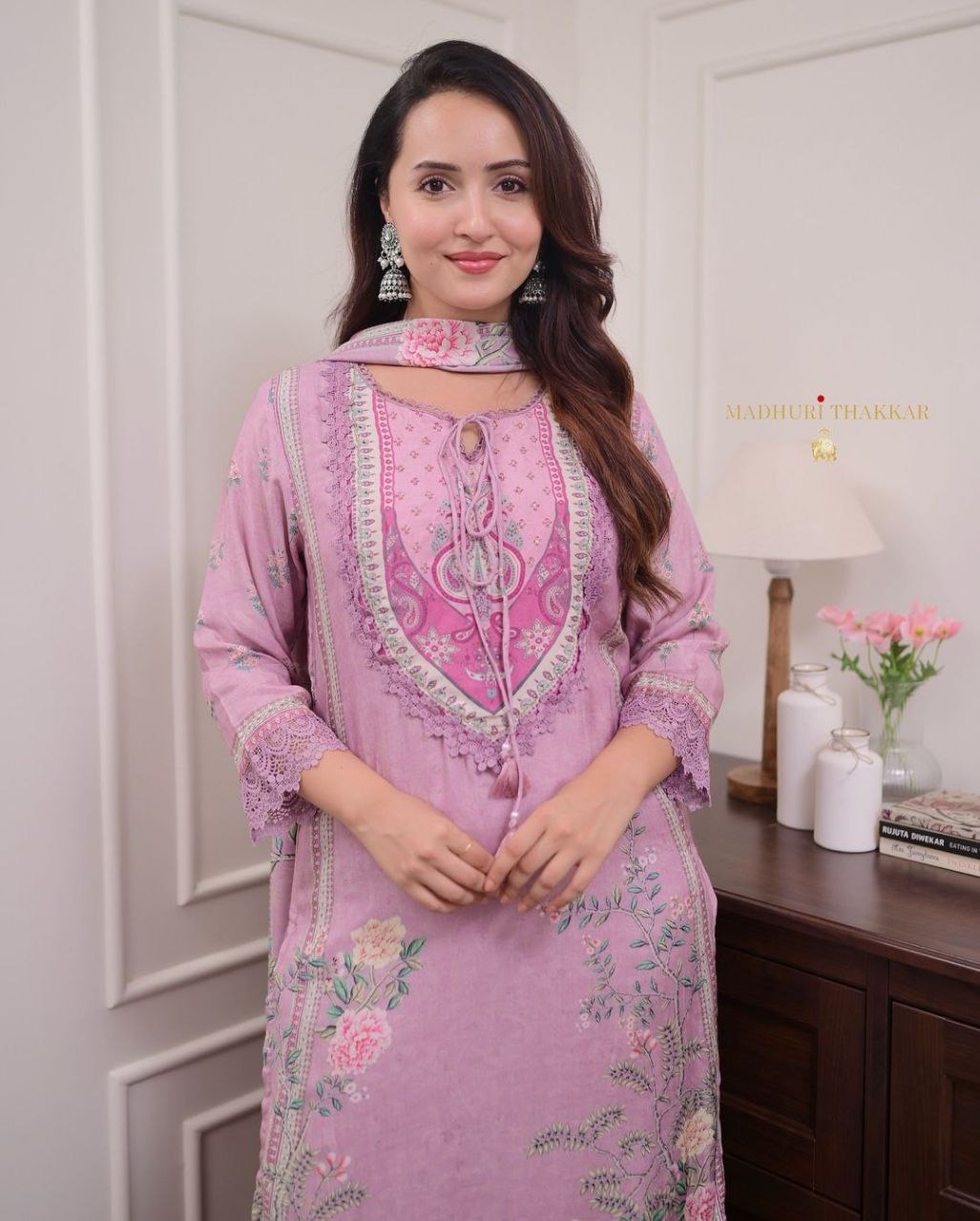 Lavender Floral Print and Embroidered Kurta Set with Dupatta
