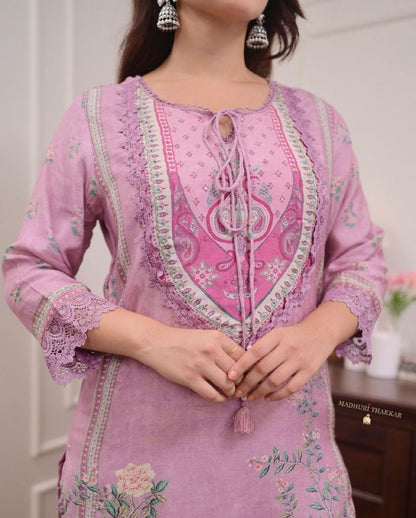 Lavender Floral Print and Embroidered Kurta Set with Dupatta