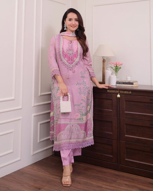 Lavender Floral Print and Embroidered Kurta Set with Dupatta