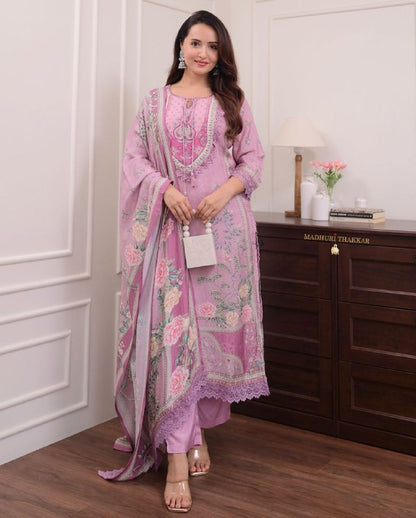 Lavender Floral Print and Embroidered Kurta Set with Dupatta