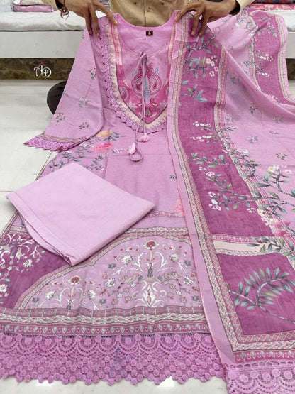 Lavender Floral Print and Embroidered Kurta Set with Dupatta