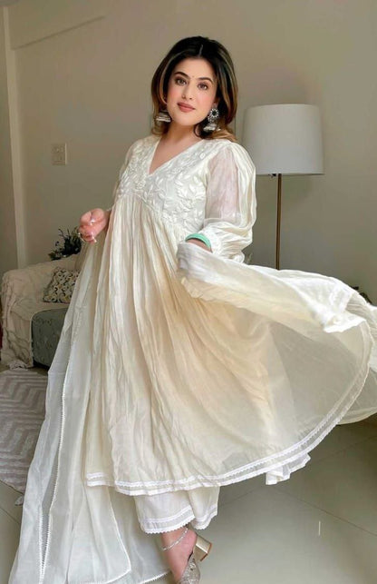 Focus on Style: Flowy White V-Neck Anarkali Dress
