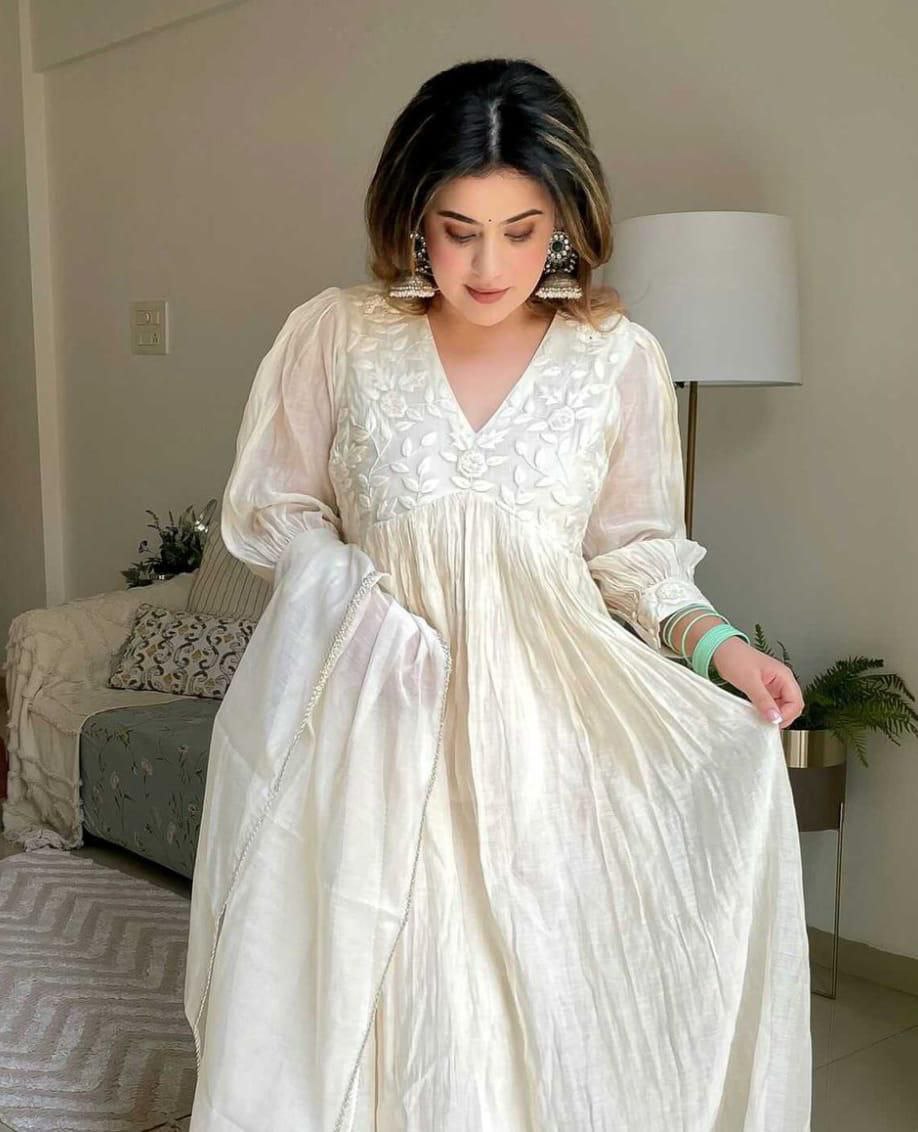 Focus on Style: Flowy White V-Neck Anarkali Dress