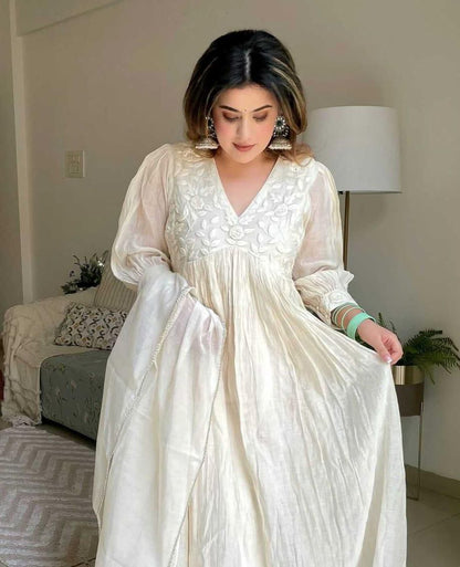 Focus on Style: Flowy White V-Neck Anarkali Dress