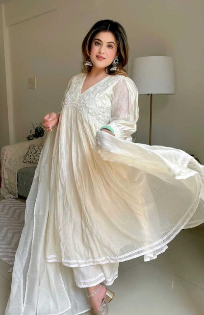 Focus on Style: Flowy White V-Neck Anarkali Dress