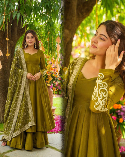 Mustard/Olive Green Tiered Anarkali Suit Set with Sharara and Heavy Dupatta