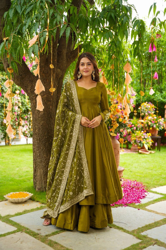 Mustard/Olive Green Tiered Anarkali Suit Set with Sharara and Heavy Dupatta