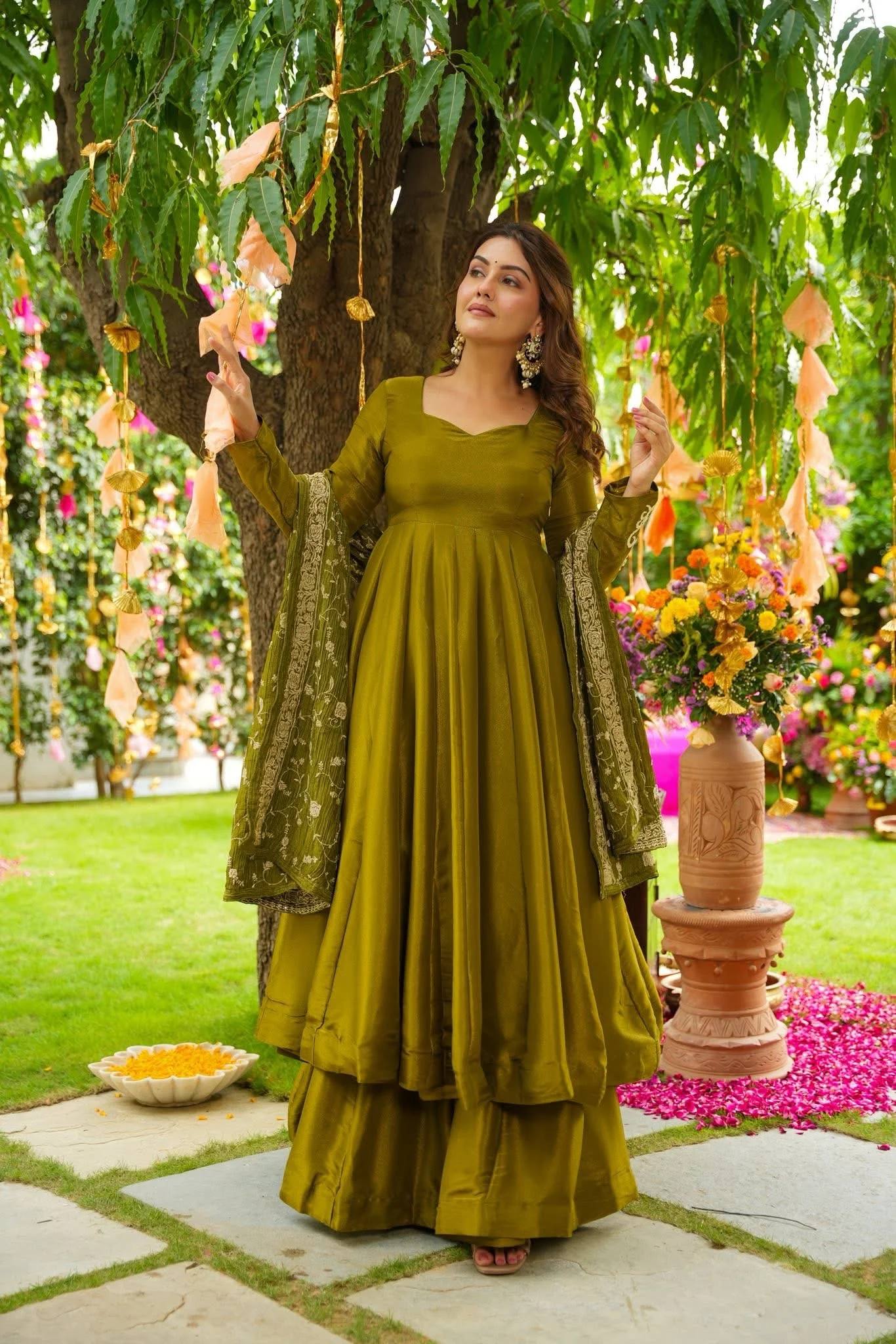 Mustard/Olive Green Tiered Anarkali Suit Set with Sharara and Heavy Dupatta