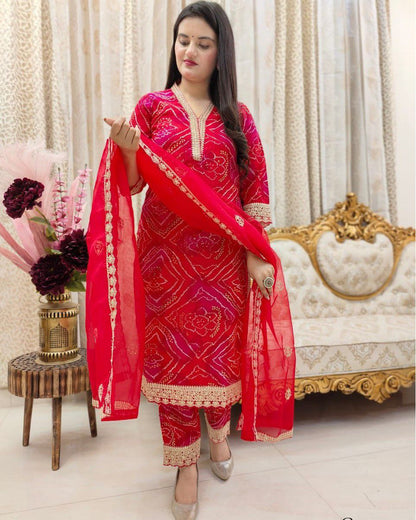 Stylish Red Bandhej Georgette Suit with Gold Lace Detailing