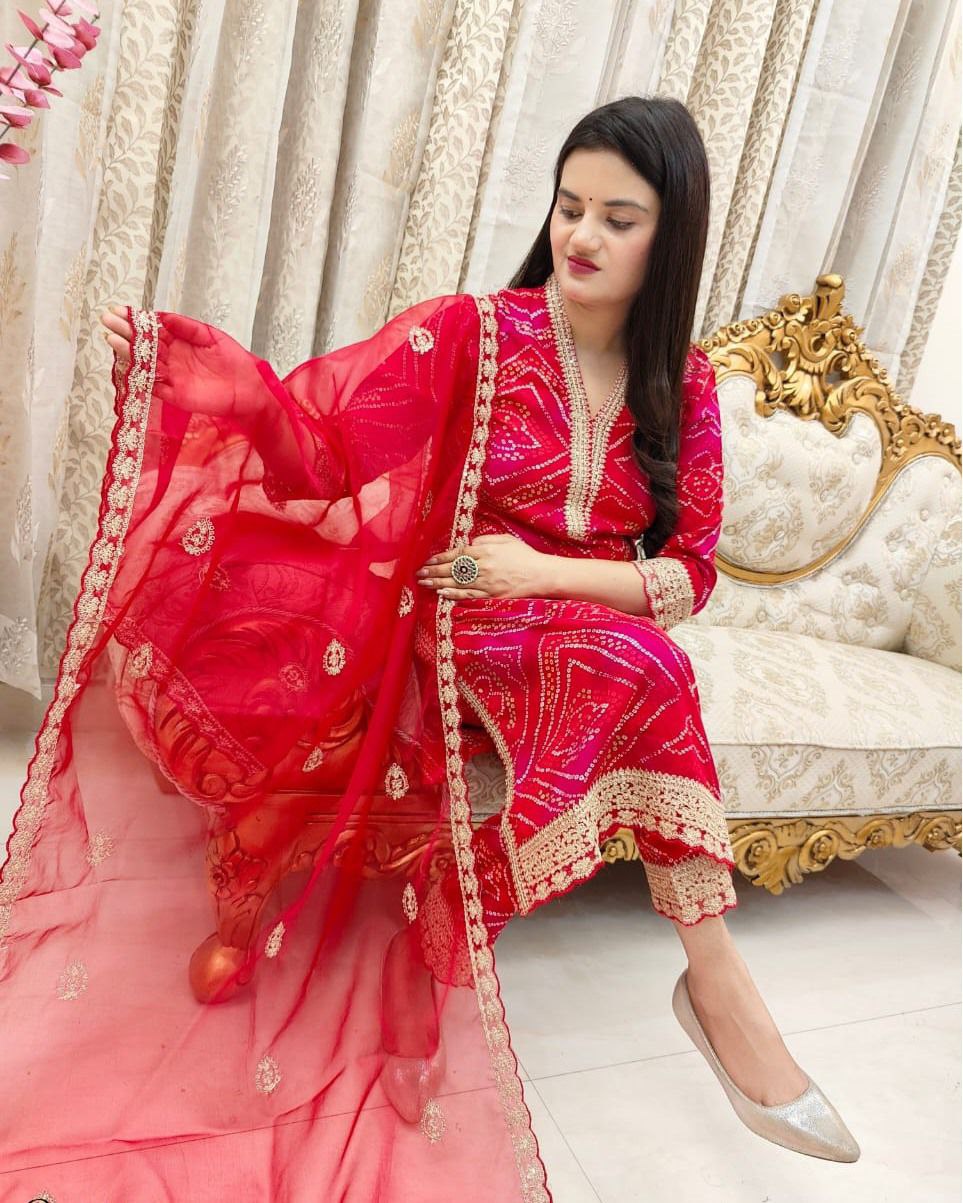 Stylish Red Bandhej Georgette Suit with Gold Lace Detailing