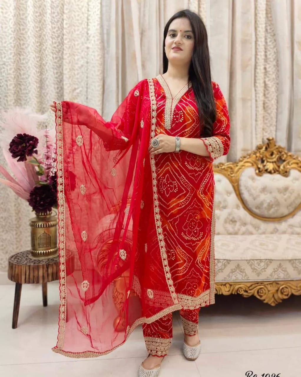 Stylish Red Bandhej Georgette Suit with Gold Lace Detailing