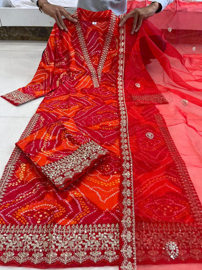 Stylish Red Bandhej Georgette Suit with Gold Lace Detailing