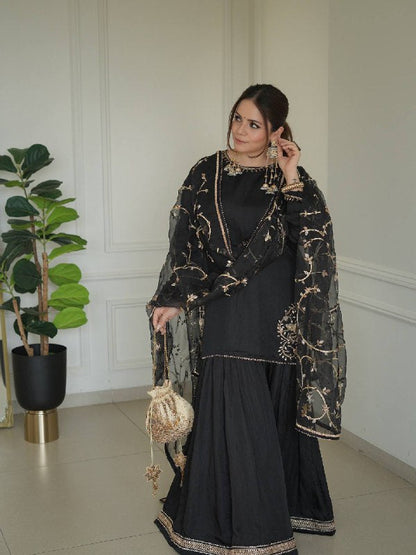 Elegant Black and Gold Embroidered Sharara Set