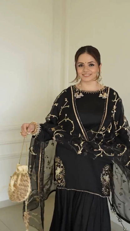 Elegant Black and Gold Embroidered Sharara Set