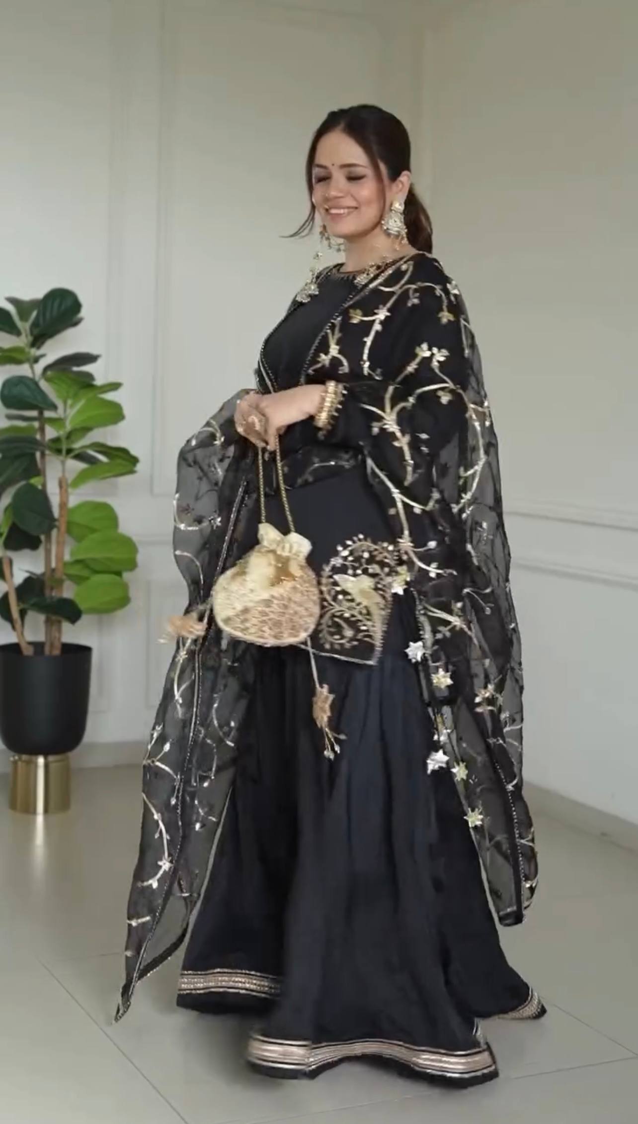 Elegant Black and Gold Embroidered Sharara Set