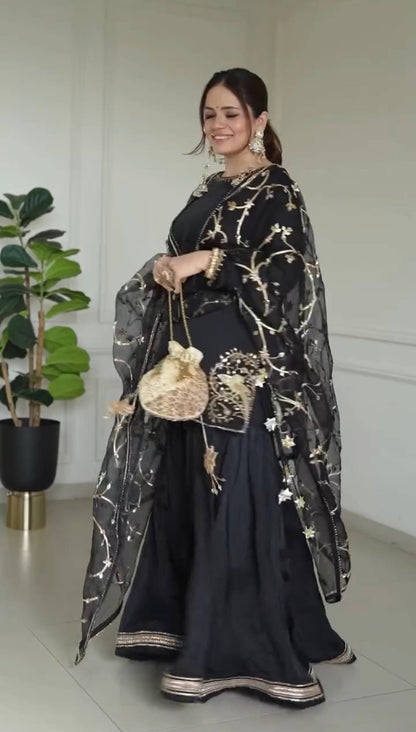 Elegant Black and Gold Embroidered Sharara Set