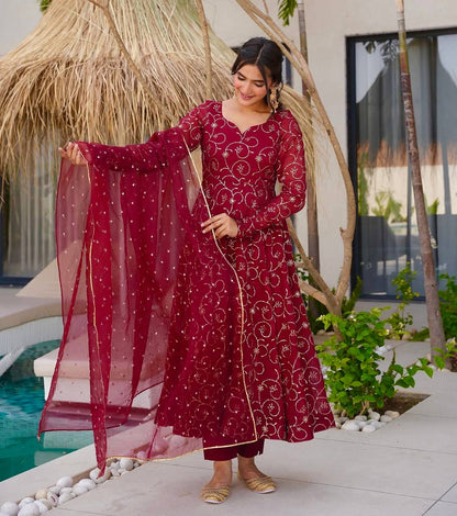 Deep Maroon Gold Foil Printed Anarkali Suit Set with Dupatta