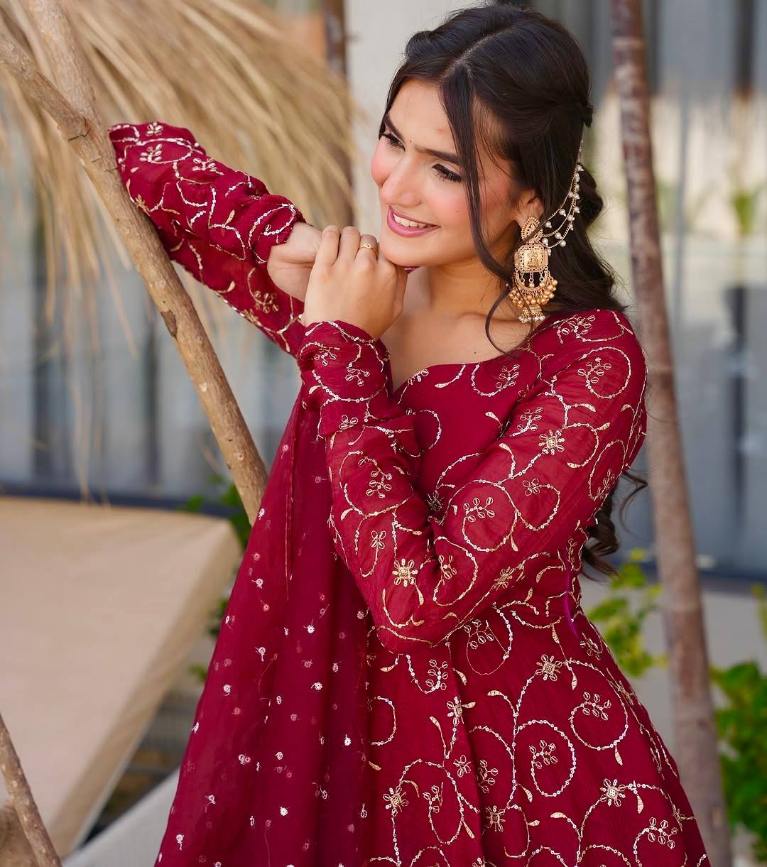 Deep Maroon Gold Foil Printed Anarkali Suit Set with Dupatta