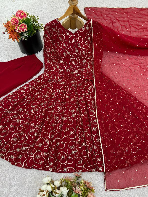 Deep Maroon Gold Foil Printed Anarkali Suit Set with Dupatta