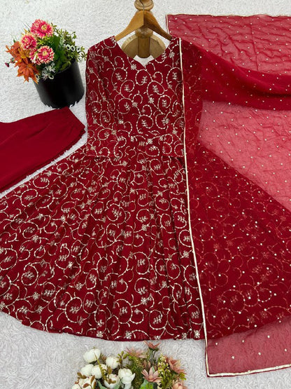 Deep Maroon Gold Foil Printed Anarkali Suit Set with Dupatta