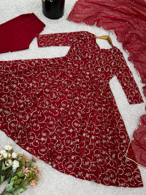 Deep Maroon Gold Foil Printed Anarkali Suit Set with Dupatta