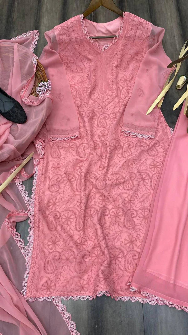 Trending faux georgette top cotton thread embroidered work and work plazo with dupatta