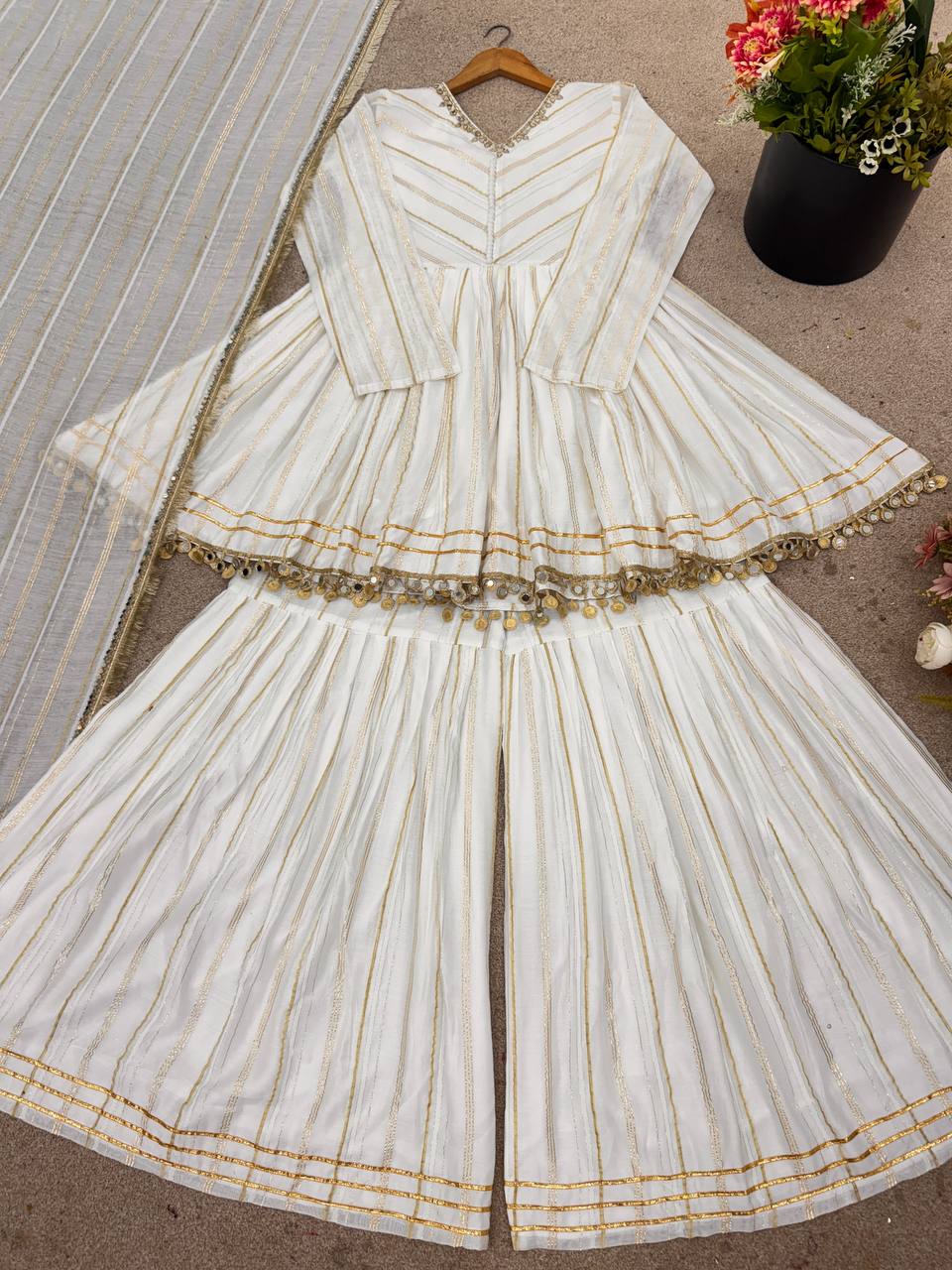 Elegant Anarkali Kurti Sharara/Gharara Suit with Gold Detailing