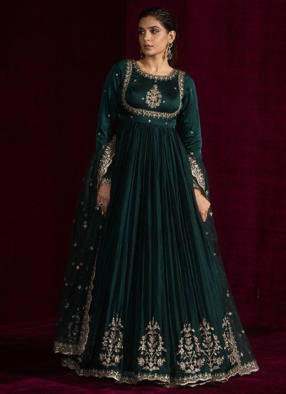 Full Sleeves Pleated Green Gown with Heavy Border Embroidery