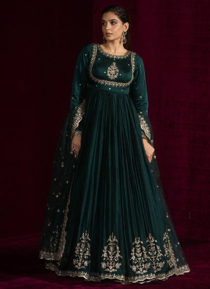 Full Sleeves Pleated Green Gown with Heavy Border Embroidery