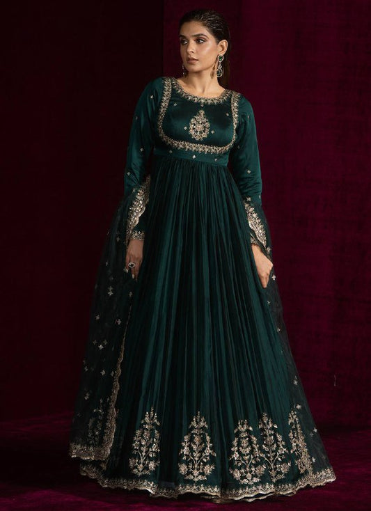 Full Sleeves Pleated Green Gown with Heavy Border Embroidery