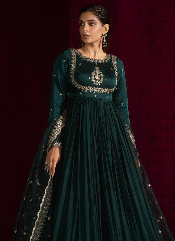 Full Sleeves Pleated Green Gown with Heavy Border Embroidery